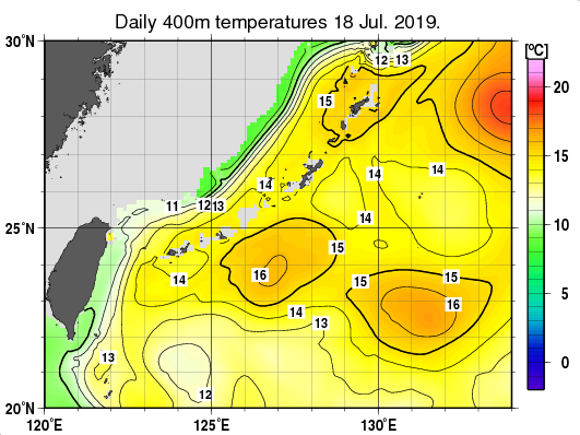 沖縄周辺海域の深さ400mの水温分布図（7月18日）
