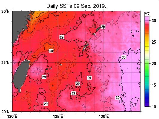 沖縄周辺海域の海面水温分布図（9月9日）
