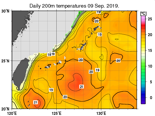 沖縄周辺海域の深さ200mの水温分布図（9月9日）