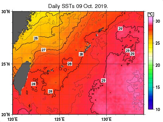 沖縄周辺海域の海面水温分布図（10月9日）
