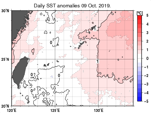 沖縄周辺海域の海面水温平年差分布図（10月9日）