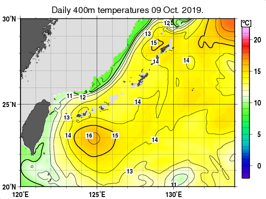 沖縄周辺海域の深さ400mの水温分布図（10月9日）