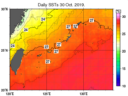 沖縄周辺海域の海面水温分布図（10月30日）