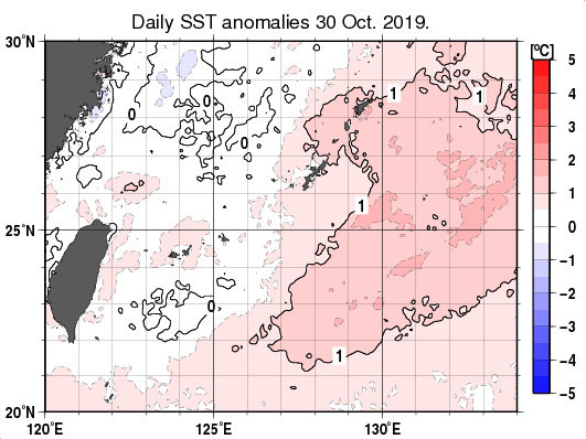 沖縄周辺海域の海面水温平年差分布図（10月30日）