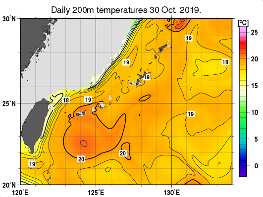 沖縄周辺海域の深さ200mの水温分布図（10月30日）