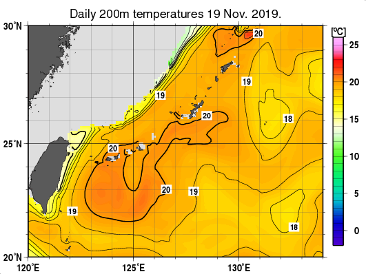 沖縄周辺海域の深さ200mの水温分布図（11月19日）