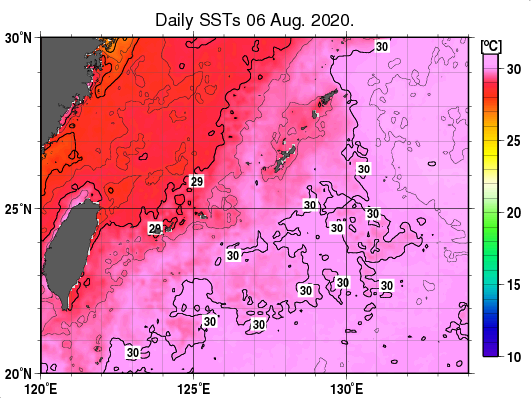 沖縄周辺海域の海面水温分布図（8月6日）