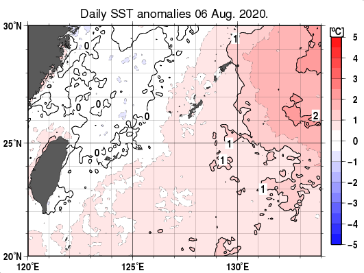 沖縄周辺海域の海面水温平年差分布図（8月6日）