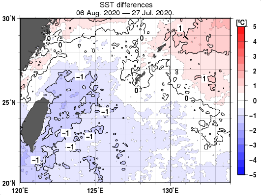 沖縄周辺海域の10日間の海面水温変化量分布図（8月6日）