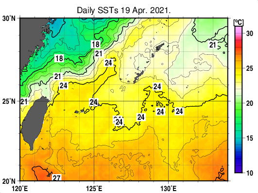 沖縄周辺海域の海面水温分布図（4月19日）