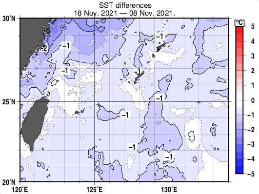 沖縄周辺海域の10日間の海面水温変化量分布図（11月18日）