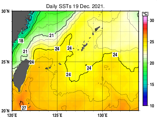 沖縄周辺海域の海面水温分布図（12月19日）