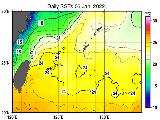 沖縄周辺海域の海面水温分布図（1月6日）