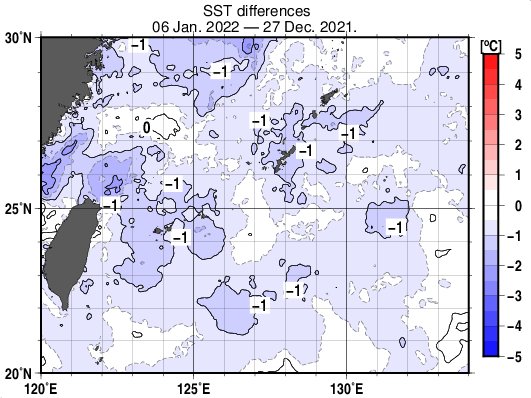 沖縄周辺海域の10日間の海面水温変化量分布図（1月6日）