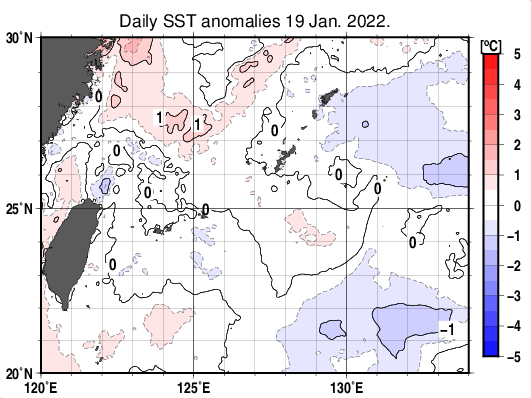 沖縄周辺海域の海面水温平年差分布図（1月19日）