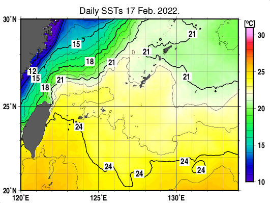 沖縄周辺海域の海面水温分布図（2月17日）