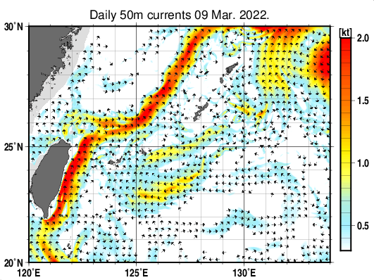 沖縄周辺海域の深さ50mの海流分布図(3月9日)
