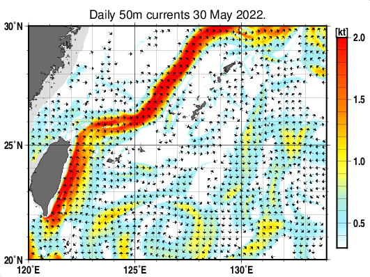 沖縄周辺海域の深さ50mの海流分布図(5月30日)