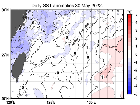 沖縄周辺海域の海面水温平年差分布図(5月30日)