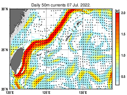 沖縄周辺海域の深さ50mの海流分布図(7月7日)