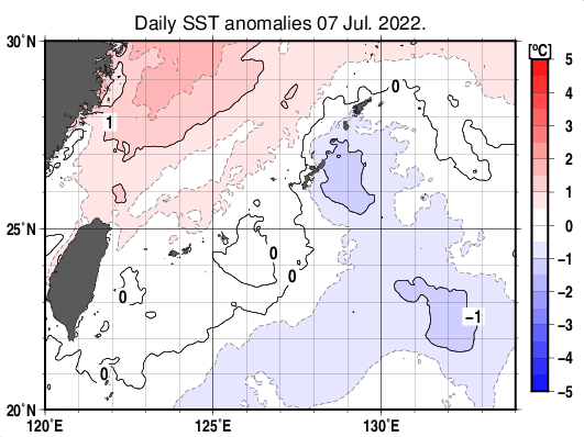 沖縄周辺海域の海面水温平年差分布図(7月7日)