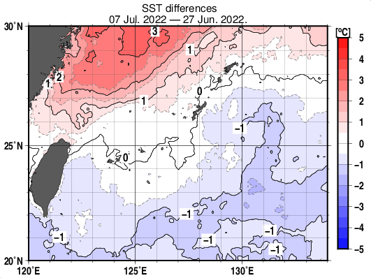 沖縄周辺海域の10日間の海面水温変化量分布図（7月7日）