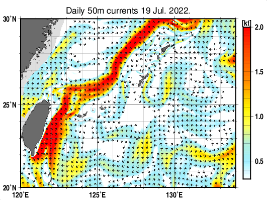 沖縄周辺海域の深さ50mの海流分布図(7月19日)