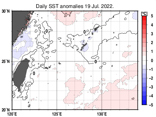 沖縄周辺海域の海面水温平年差分布図(7月19日)