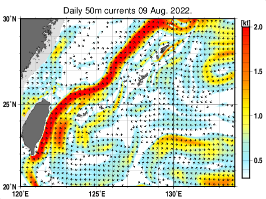 沖縄周辺海域の深さ50mの海流分布図(8月9日)