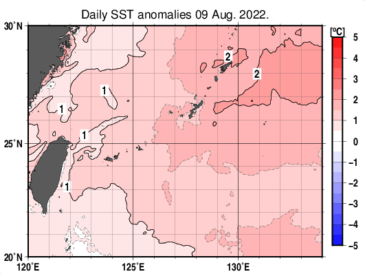 沖縄周辺海域の海面水温平年差分布図(8月9日)