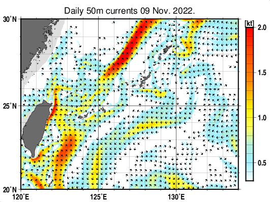 沖縄周辺海域の深さ50mの海流分布図(11月9日)