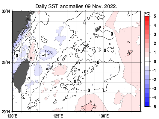 沖縄周辺海域の海面水温平年差分布図(11月9日)