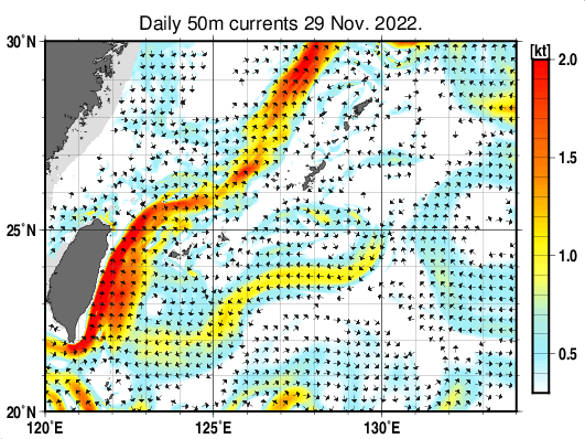 沖縄周辺海域の深さ50mの海流分布図(11月29日)