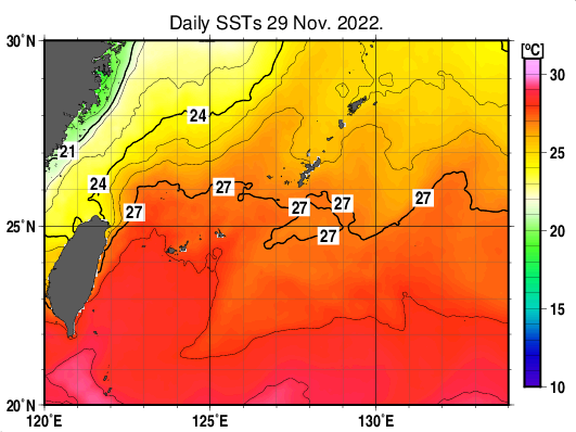 沖縄周辺海域の海面水温分布図（11月29日）