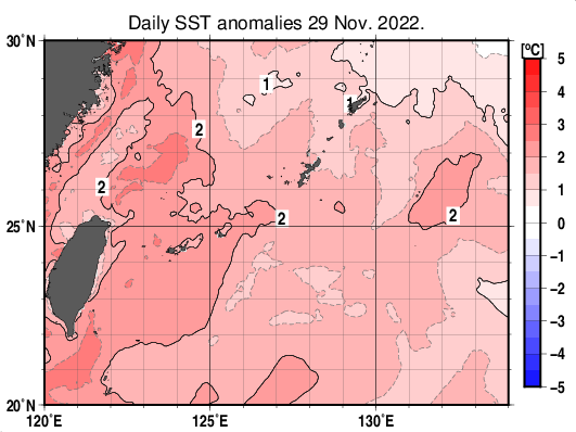沖縄周辺海域の海面水温平年差分布図(11月29日)