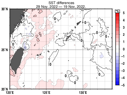 沖縄周辺海域の10日間の海面水温変化量分布図（11月29日）