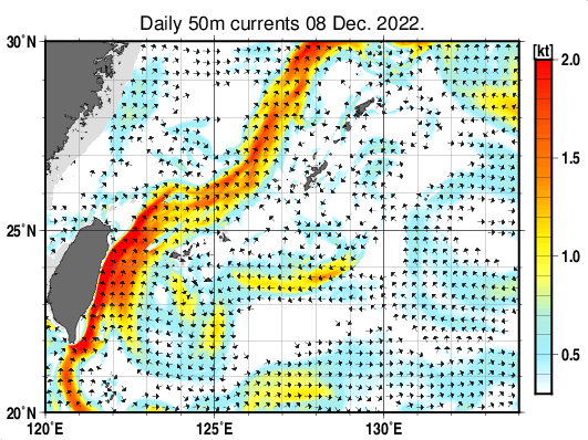 沖縄周辺海域の深さ50mの海流分布図(12月8日)