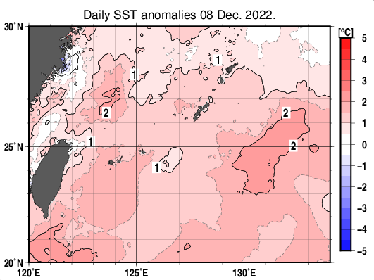 沖縄周辺海域の海面水温平年差分布図(12月8日)