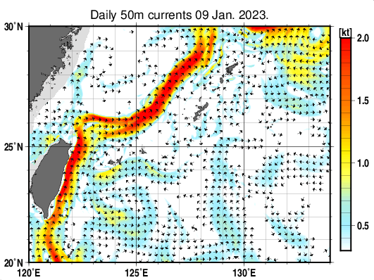 沖縄周辺海域の深さ50mの海流分布図(1月9日)