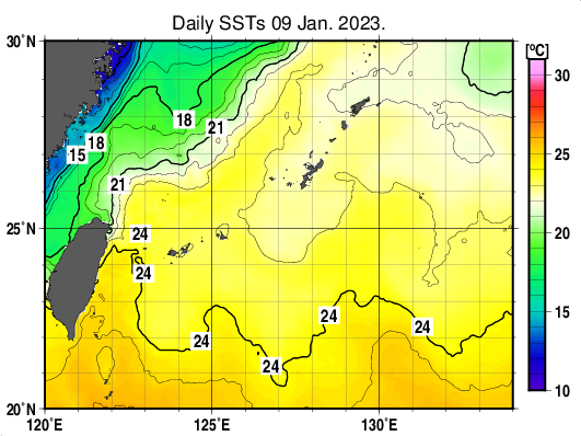 沖縄周辺海域の海面水温分布図（1月9日）
