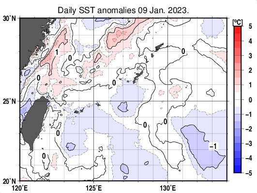沖縄周辺海域の海面水温平年差分布図(1月9日)
