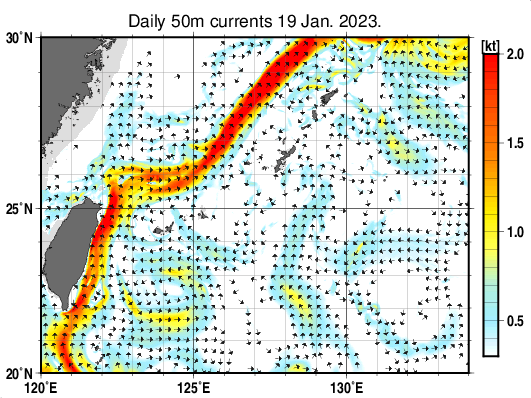 沖縄周辺海域の深さ50mの海流分布図(1月19日)