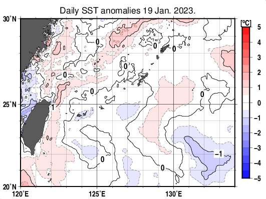沖縄周辺海域の海面水温平年差分布図(1月19日)