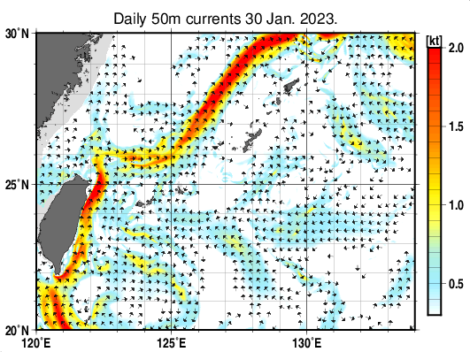 沖縄周辺海域の深さ50mの海流分布図(1月30日)