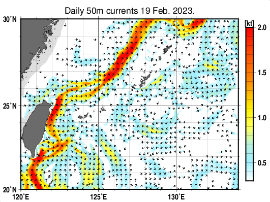 沖縄周辺海域の深さ50mの海流分布図(2月19日)