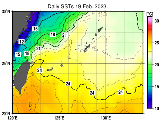 沖縄周辺海域の海面水温分布図（2月19日）