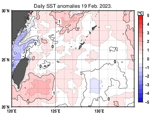 沖縄周辺海域の海面水温平年差分布図(2月19日)