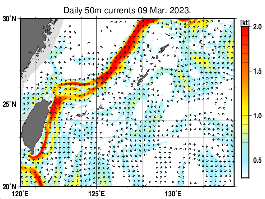 沖縄周辺海域の深さ50mの海流分布図(3月9日)