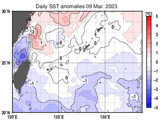 沖縄周辺海域の海面水温平年差分布図(3月9日)