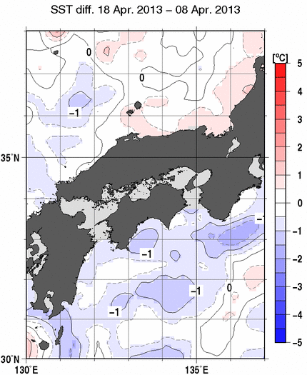 近畿・中国・四国周辺海域の10日間の海面水温変化量分布図（4月18日）